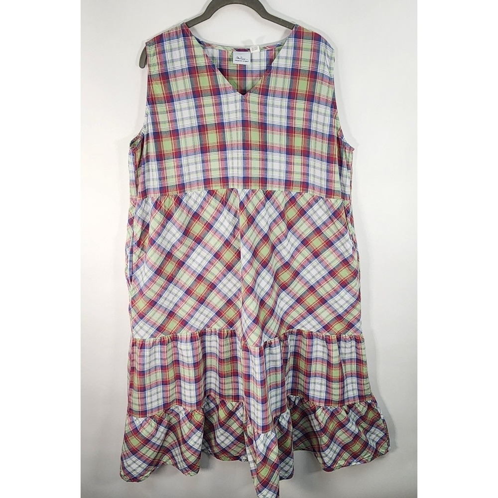 The Vermont Country Store Plaid Jumper Dress Women's L Tiered Sleeveless Midi
